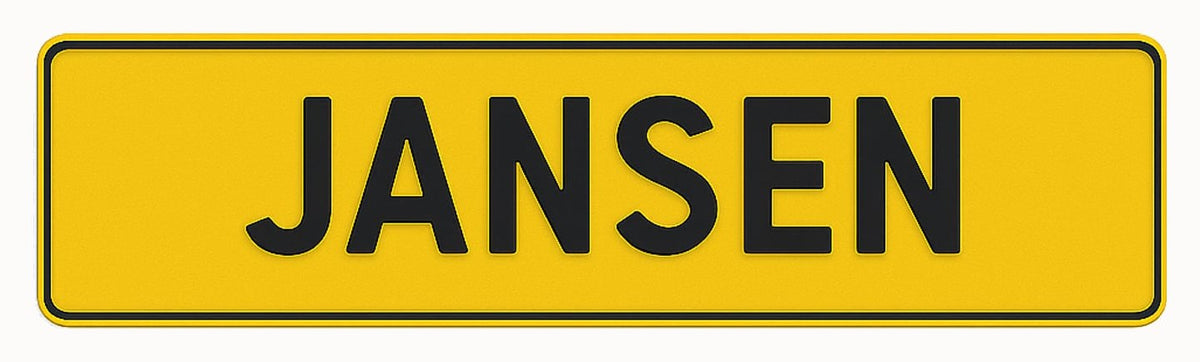 Gele funplaat met de naam JANSEN, zonder NL-vlak
